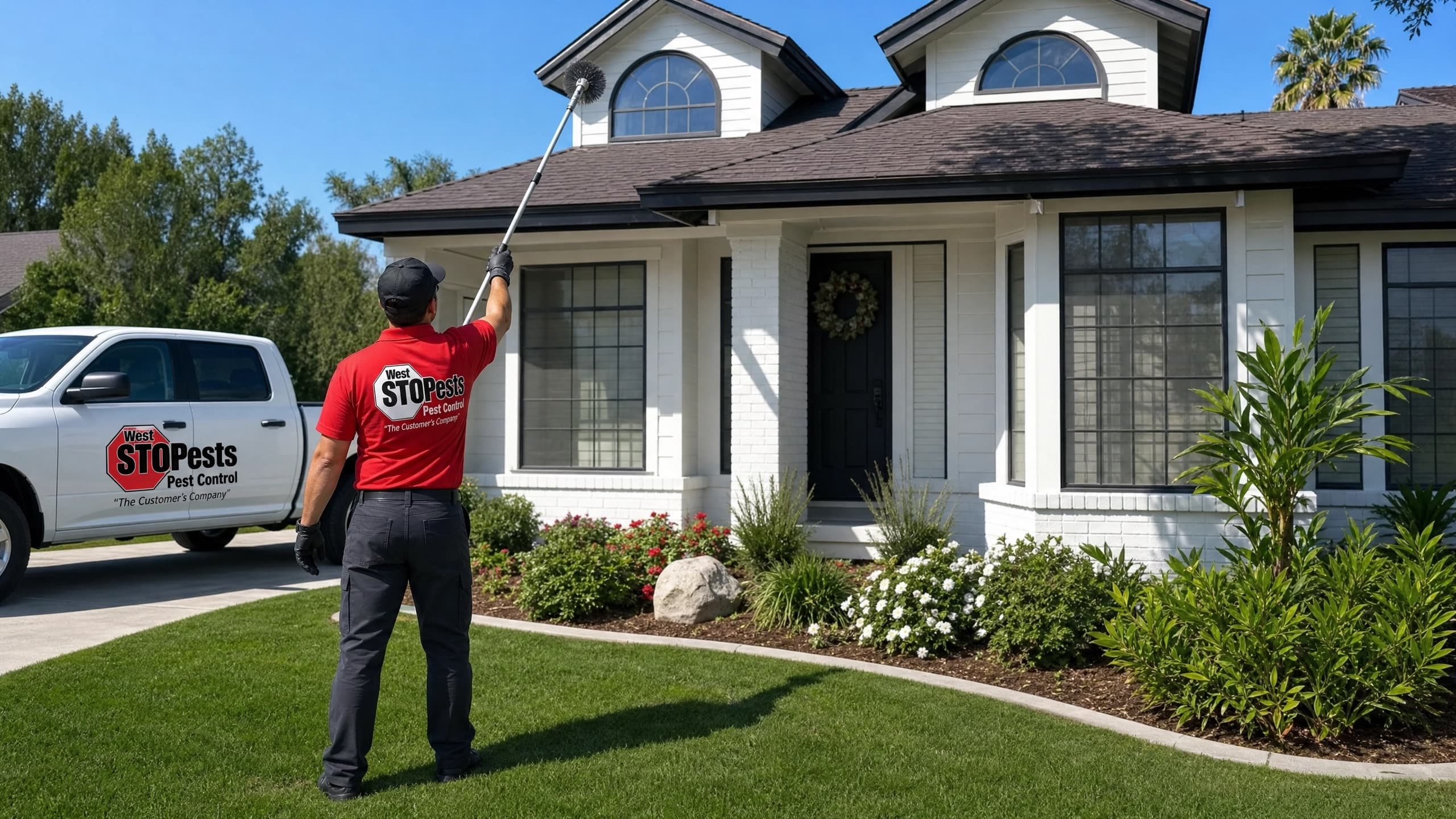 West STOP Pests technician removing spider webs from the eaves of a home in Arroyo Grande, CA