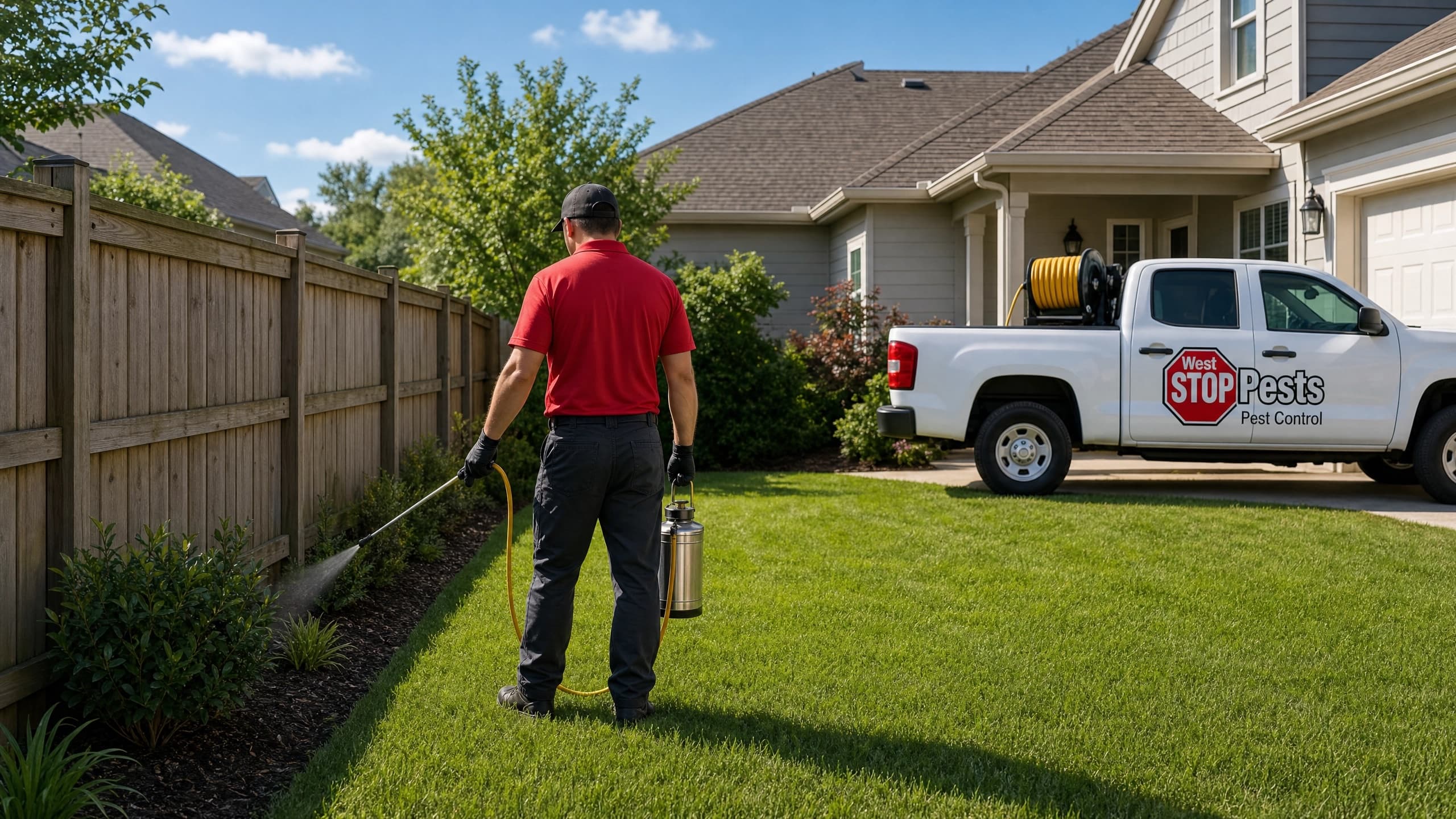 West STOP Pests technician treating a backyard lawn and fence line for pests