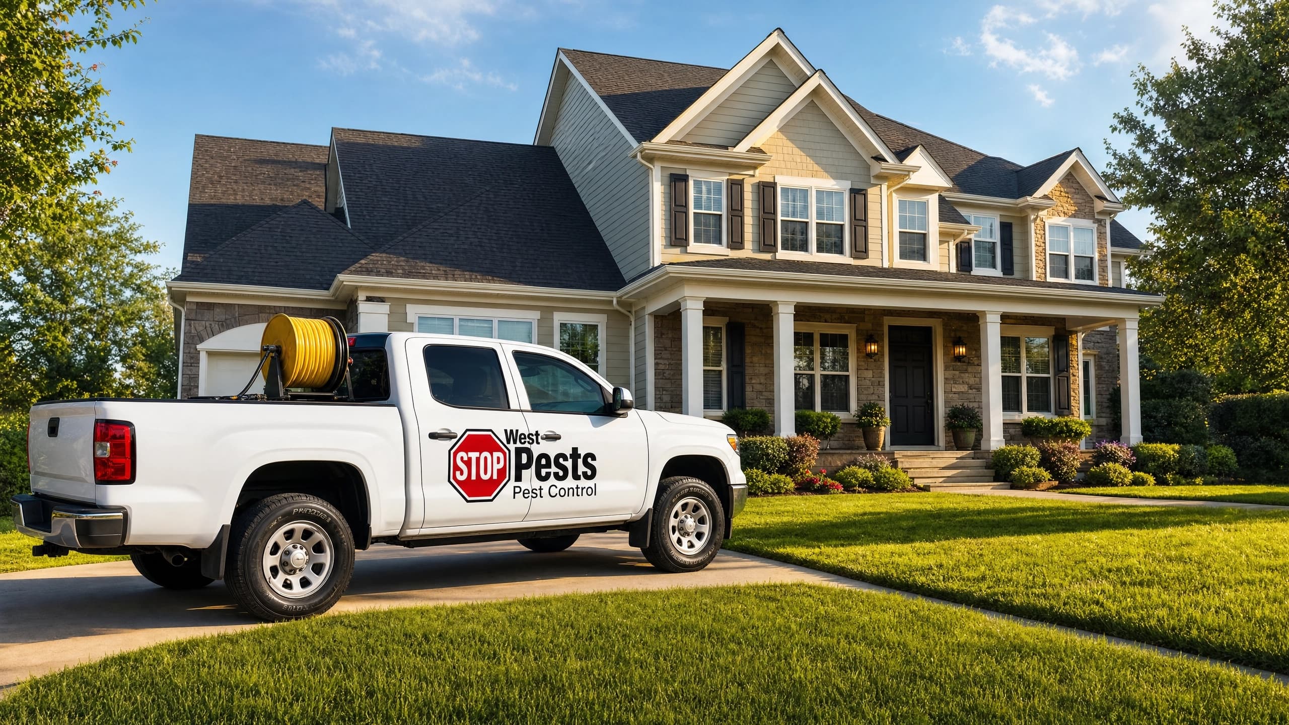 West STOP Pests service truck in front of a two-story home in Arroyo Grande