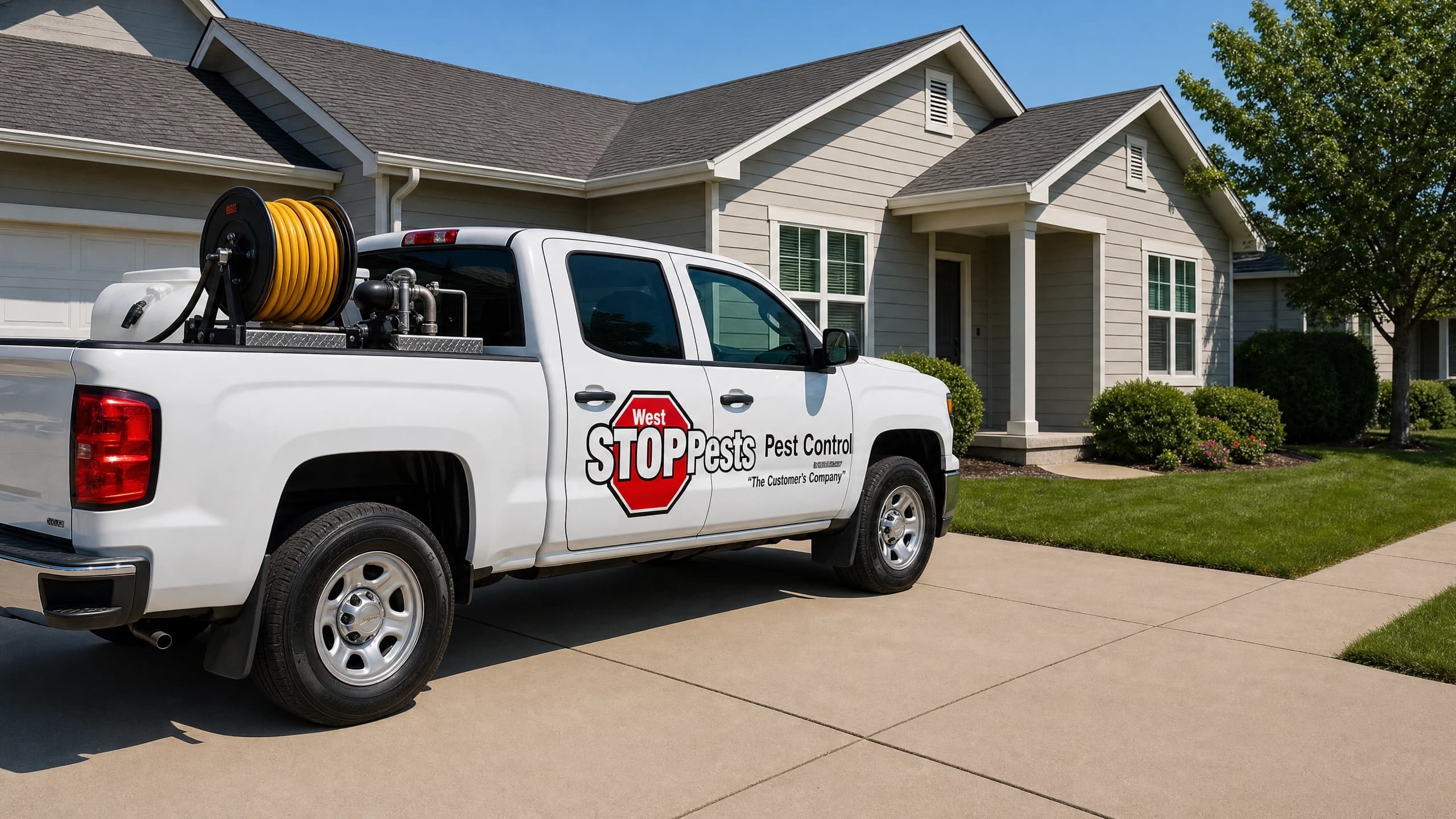 West STOP Pests pest control service truck parked outside a home in Arroyo Grande, CA